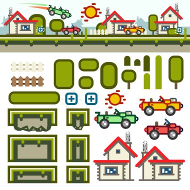 Small town flat game level kit clipart