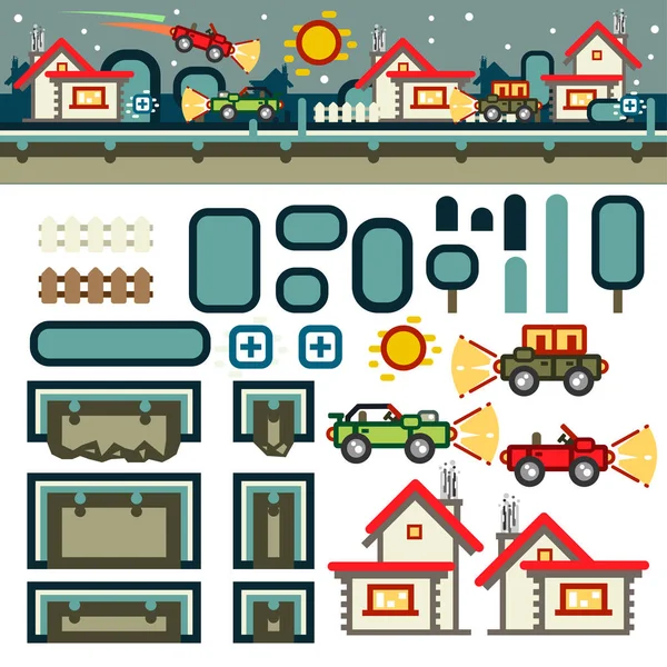 Small Town Night Flat Game Level Kit — Stock Vector