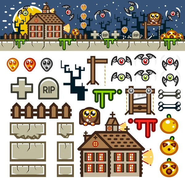 Halloween Noche Kit Nivel Juego Plano — Vector de stock