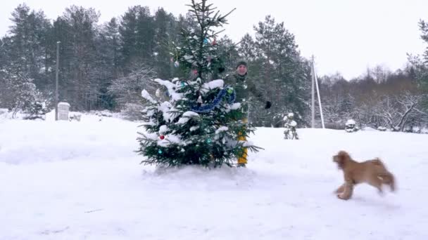 Grappige familie en hun metgezel vriend rode hond — Stockvideo