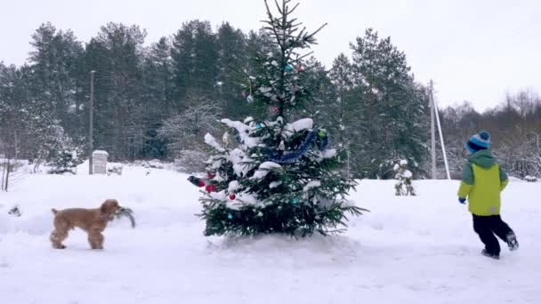 Schattige kinderen en hun metgezel vriend rode hond — Stockvideo