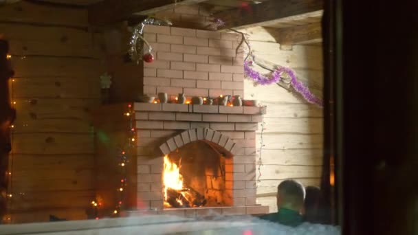 暖炉のそばに座っているカップルと犬 — ストック動画