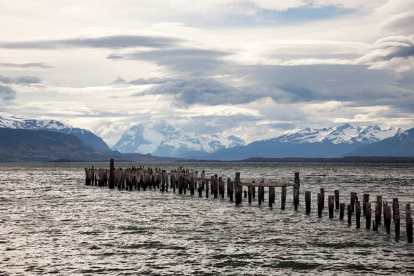 Szczątki Starego Molo Teraz Miejsce Spoczynku Ptaków Morskich Puerto Natales — Zdjęcie stockowe