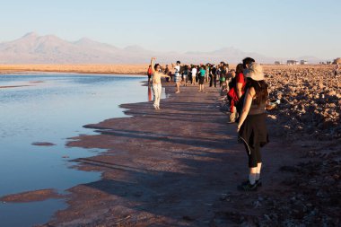 Atacama Çölü, Şili. 15 Eylül 2014: Licancabur Yanardağı ve San Pedro yakınlarındaki Atacama Çölü önünde fotoğraf çeken turistler