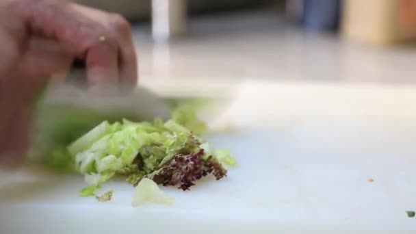 Διαδικασία Της Λήψης Σαλάτα Από Φρέσκα Λαχανικά Ένα Ξύλο Κοπής — Αρχείο Βίντεο