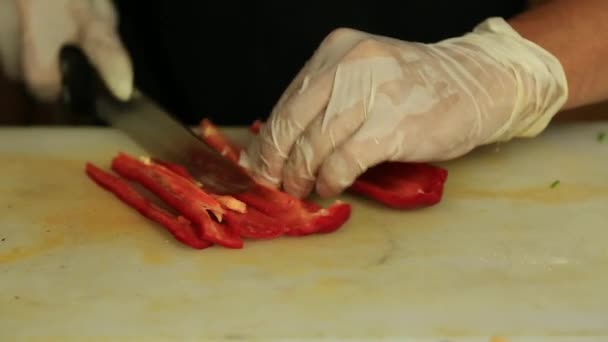 Close Hands Chef Chopping Cayenne Pepper — Stock Video