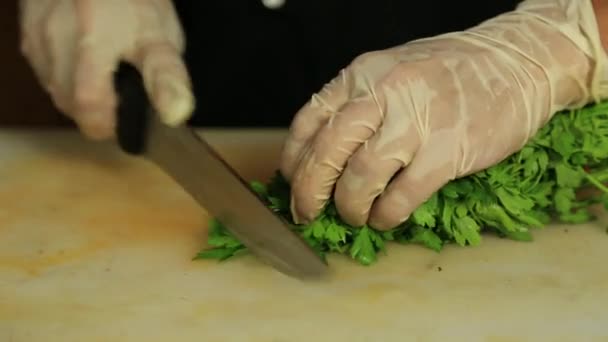 Close Hands Chef Chopping Parsley — Stock Video