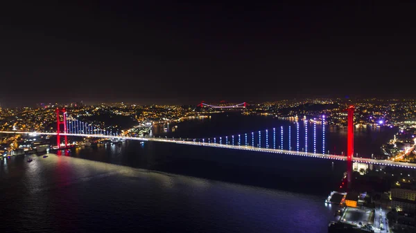Luftaufnahme Der Bosporus Brücke Istanbul Bei Nacht Juli Märtyrerbrücke Temmuz — Stockfoto