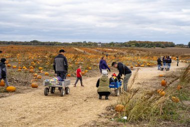 Dayton, Minnesota - 13 Ekim 2018: aileler kabak kabak patch dan soğuk sonbahar gününde almak için yola çıktı. Bu Cadılar Bayramı tatil öncesi popüler faaliyettir