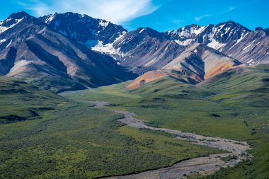 Güzel renkli görünümü örgülü bir sarma nehir geçiyor Denali Milli Parkı'nda Alaska aralığı dağlar güneşli bir günde ve müştemilatının Pass