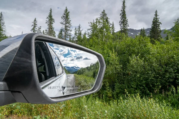 Belle Vue Sur Alaska Travers Rétroviseur Voiture Paysage Montagne Long — Photo