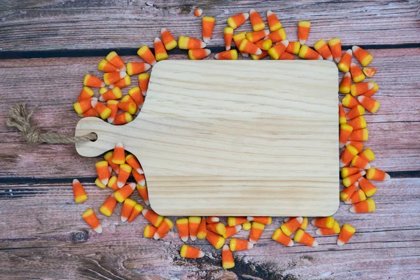 Halloween Autumn Fall Concept Blank Wooden Cutting Board Text Candy — Stock Photo, Image