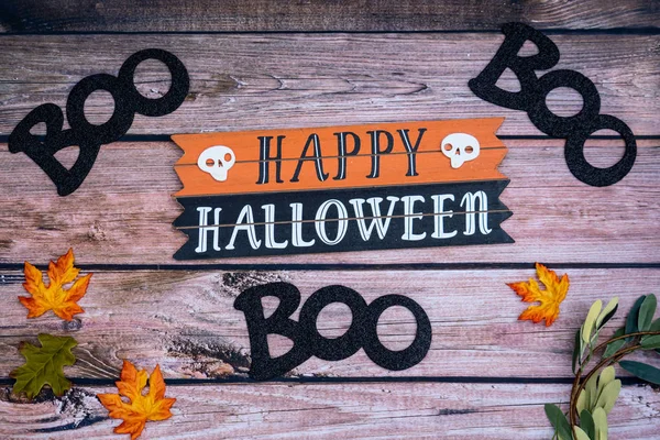 Happy Halloween Boo Halloween Achtergrond Hout Decor Met Pompoenen Esdoorn — Stockfoto