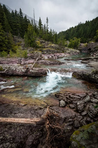 Fließender Heuhaufen Bach Gletschernationalpark Montana Einem Bewölkten Tag Der Nähe — Stockfoto