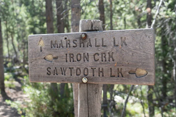 Sign for various hiking trails in the Sawtooth Wilderness - Marshall Lake, Iron Creek and Sawtooth Lake