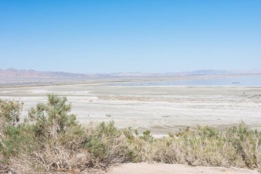 Bombay Beach California Salton Denizi kirli kıyı güneşli bir günde terk