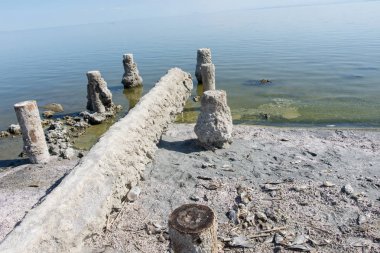 Terk edilmiş dock ayağı Salton Denizi Bombay Beach, California plajda oturmak