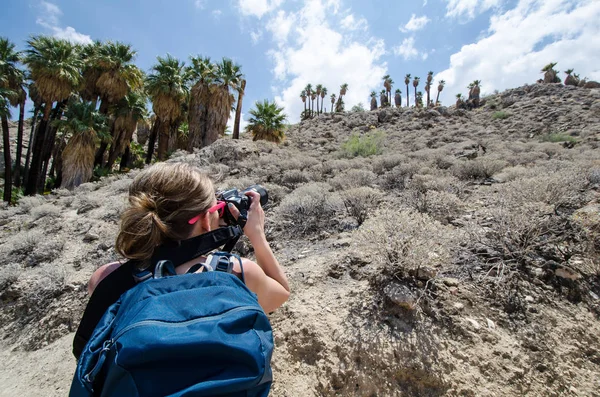 Fotografek Nosit Batoh Fotí Palem Indickém Kaňony Palm Springs Kalifornie — Stock fotografie