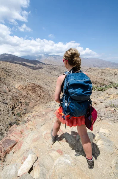 Palm Springs California'da, Hint kanyonlarda hiking bir kadın uzun yürüyüşe çıkan kimse, dağ ve çöl görünümü hayran durur.