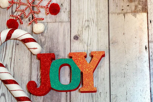 Christmas Holiday Flatlay Sparkle Glittery Joy Word Red Plaid Decorative — Stock Photo, Image