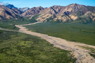 Güzel renkli görünümü örgülü bir sarma nehir geçiyor Denali Milli Parkı'nda Alaska aralığı dağlar güneşli bir günde ve müştemilatının Pass