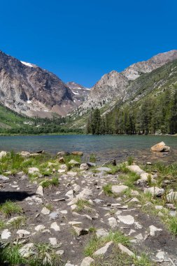 Rocks in foreground of Parker Lake in June Lake California on a sunny summer day. Portrait view clipart