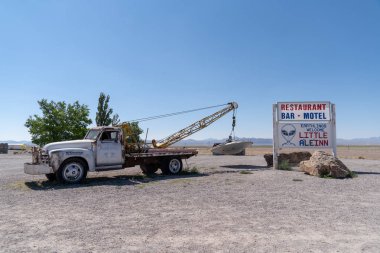 JULY 4 2018 Rachel, NEVADA: Famous tow truck with UFO roadside attraction in Rachel, Nevada, along the Extraterrestrial Highway (SR 375), near Area 51 clipart