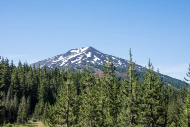 Mt Bachelor görünümü kadar yaz aylarında güneşli bir günde Bend Oregon'da kapatın. Hala dağda kar