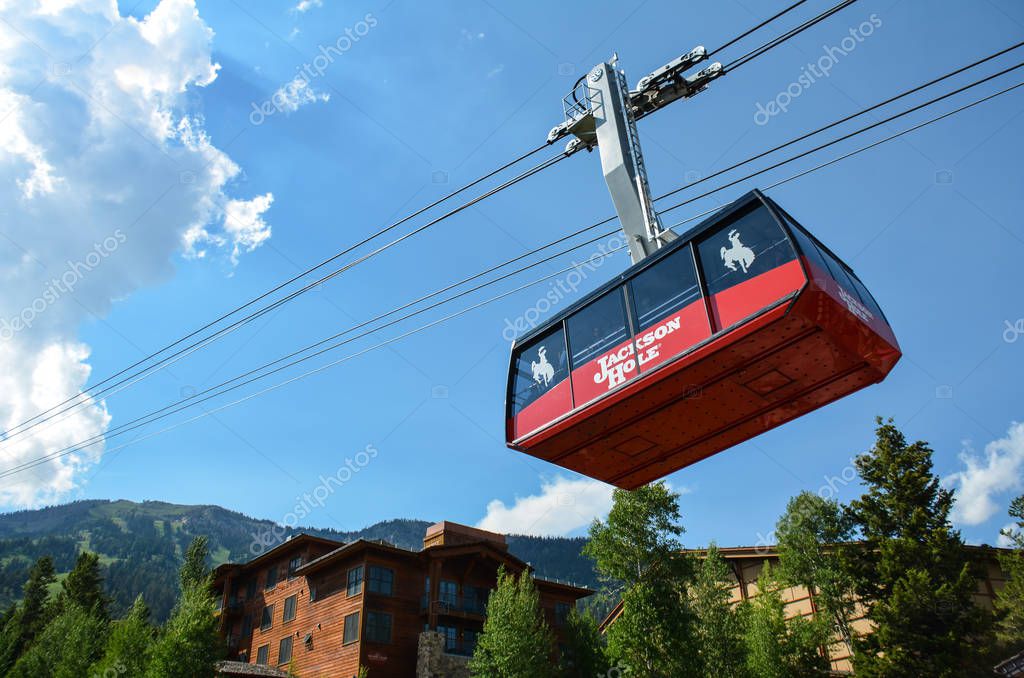 JULY 10 2018 - JACKSON WYOMING: The Jackson Hole Ski Resort gondola aerial tram takes visitors up the mountain during the summer for sightseeing, scenic views and hiking.