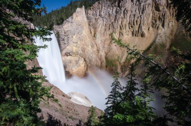 Güneşli bir günde küçük bir gökkuşağı ile Tom Amca'nın iz dan görüldüğü gibi Yellowstone Falls şelale