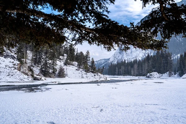 班夫国家公园的弓瀑布冬季场景 有一条开阔的河流 — 图库照片