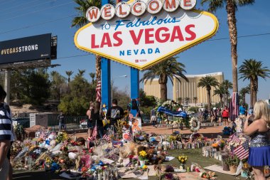 Las Vegas, Nevada - October 13, 2017: A Memorial near the Welcome to Las Vegas sign for Las Vegas Shooting victims on the Las Vegas Strip Near the Mandalay Bay, during the Route 91 Harvest Music Festival