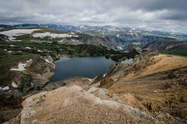 Beartooth Highway Pass in Montana on a sunny summer day featuring an alpine lake. clipart