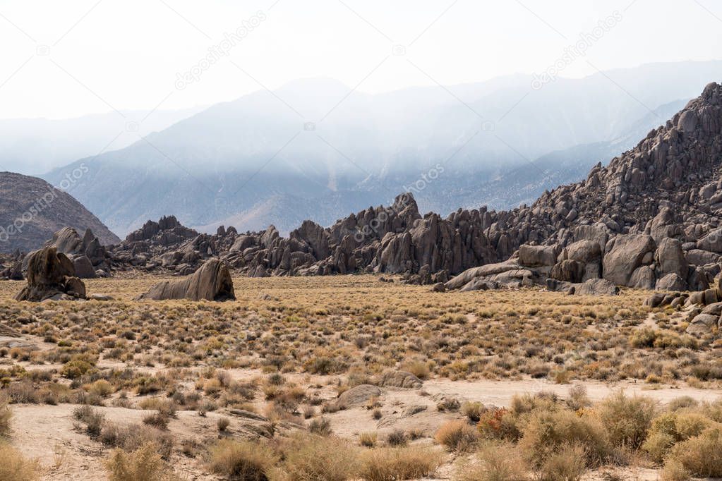 Rocks and boulders in the Alabama Hills Recreation Area near Lone Pine California in the Eastern Sierra Nevada Mountains.