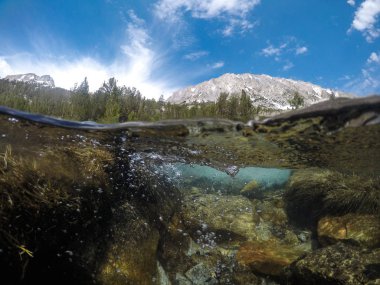 John Muir Wilderness iz California Doğu Sierra Nevada dağlarında. Kalp Gölü, su altında bir Split / su görünümünün üst