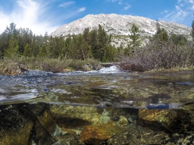 John Muir Wilderness iz California Doğu Sierra Nevada dağlarında. Kalp Gölü, su altında bir Split / su görünümünün üst