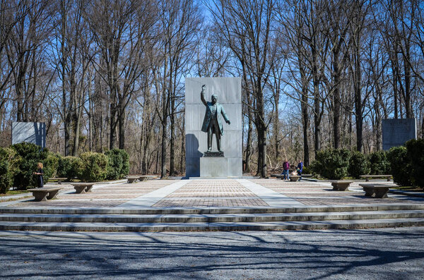 Washington, DC - April 1, 2018: View of Theodore Roosevelt Island monument statue in Washington DC during the spring