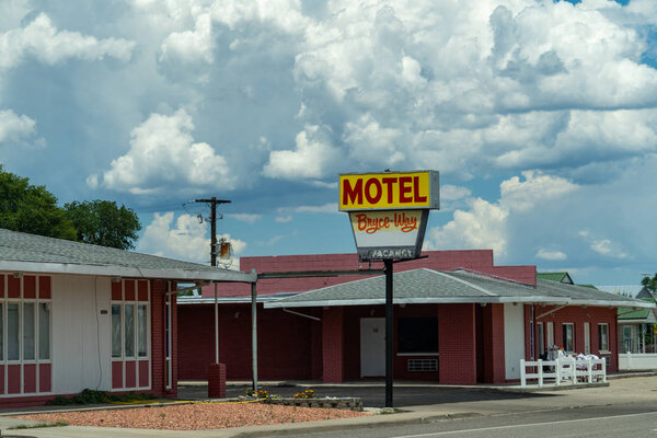 Vintage retro sign for the Bryce Way Motel, near Bryce Canyon National Park. Lodging has vacancy. July 16 2018 - Panguitch UTAH