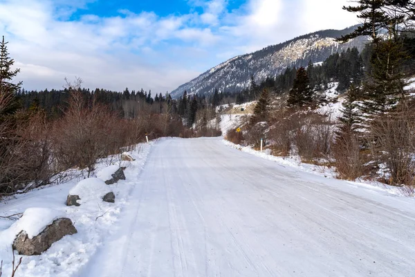 Schnee- und Eisbedeckte Straße im Banff-Nationalpark im Winter. — Stockfoto