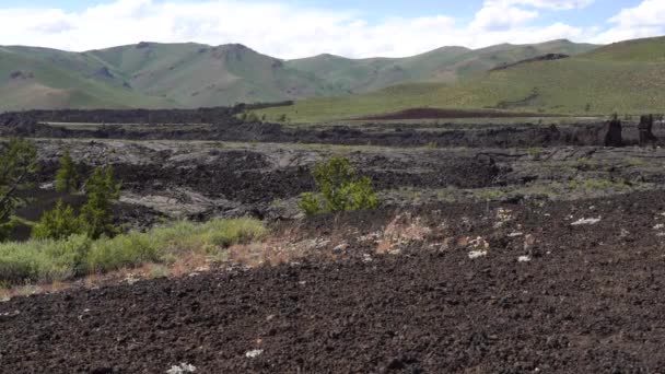 Svarta Vulkaniska Berg Och Lavaflödesfält Craters Moon National Monument Vegetation — Stockvideo