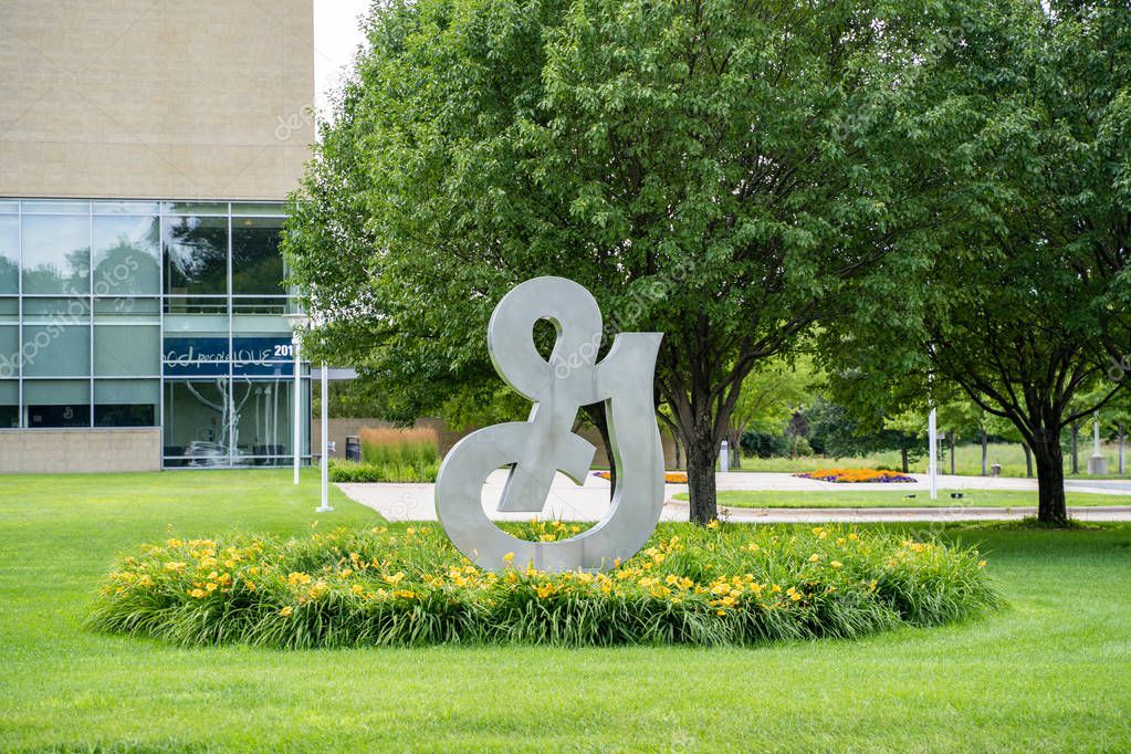 Golden Valley, Minnesota - July 21, 2019:  A Big G sign at the General Mills headquarters in suburban Minneapolis, Minnesota. This is a consumer packaged foods and goods company