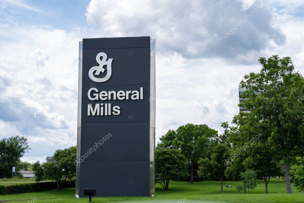 Golden Valley, Minnesota - July 21, 2019:  A Welcome sign at the General Mills headquarters in suburban Minneapolis, Minnesota. This is a consumer packaged foods and goods company