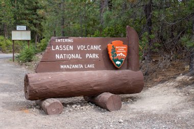 Lassen County, CA - July 9, 2019: Entrance sign for Lassen Volca clipart
