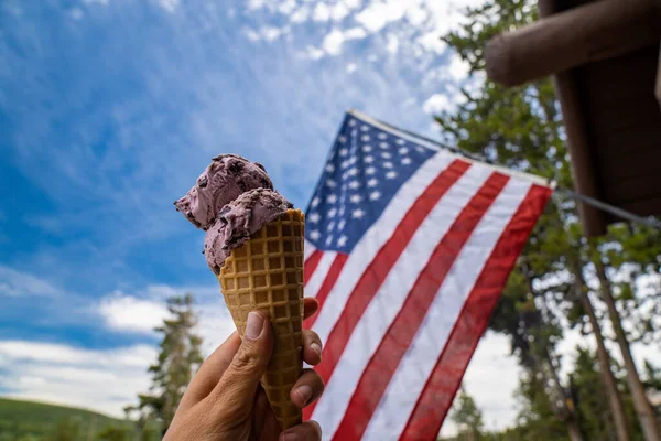 Woman Hand Holds Waffle Cone Ice Cream American Flag Blowing — Stock Photo, Image