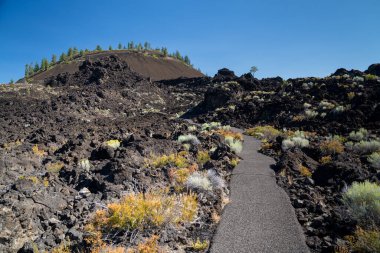 Yürüyüş patikası - Lava Lands Newberry Volkan Ulusal Anıtı 'nda kül konisiyle Molton arazisinin patikası