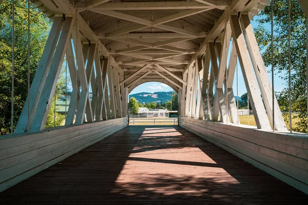 Inside the Weddle Bridge, a covered bridge in Sankey Park - Sweet Home, Oregon