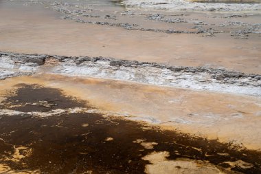 Yellowstone Ulusal Parkı 'ndaki Firehole Gölü Yolu boyunca uzanan Great Fountain Gayzer kaplıcalarının minerallerini kapatın.