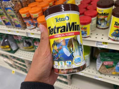 Maple Grove, Minnesota - 14 Eylül 2020: Bir markette alışveriş yaparken bir şişe TetraMin Tropikal Flakes balığı tutuyor