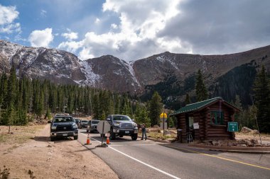 Colorado, USA - September 15, 2020: Brake check area for all vehicles driving down from the Pikes Peak summit, ensures safety on the steep mountain pass clipart