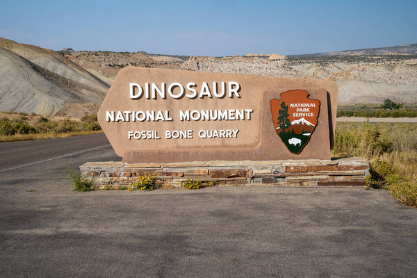 Colorado, USA - September 20, 2020: Sign for Dinosaur National Monument - Fossil Bone Quarry